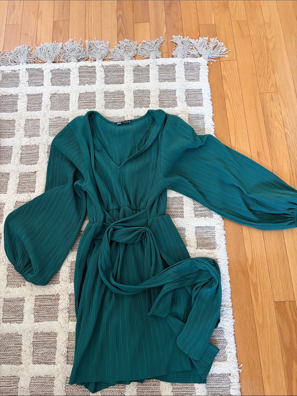Zara Emerald Pleated Wrap Dress with Tie Waist
